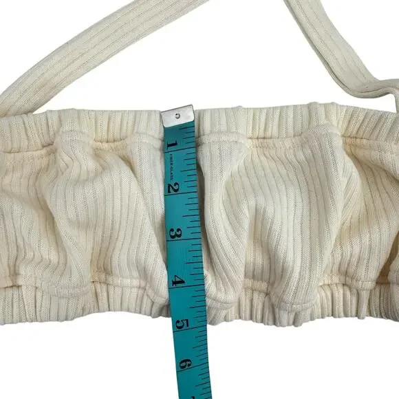 We Wore What NWT Tie Halter Bra Ribbed Ivory Cream Cropped Bandeau Top - Picture 11 of 14